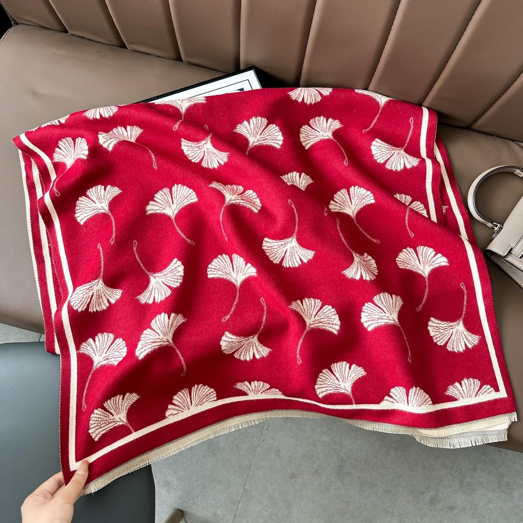 

Korean Atmosphere Scarf Women S Spring, Autumn And Winter Double-Sided Ginkgo Biloba Leaves Thickened Long Imitation Cashmere Air-Conditioned Room 180x65cm