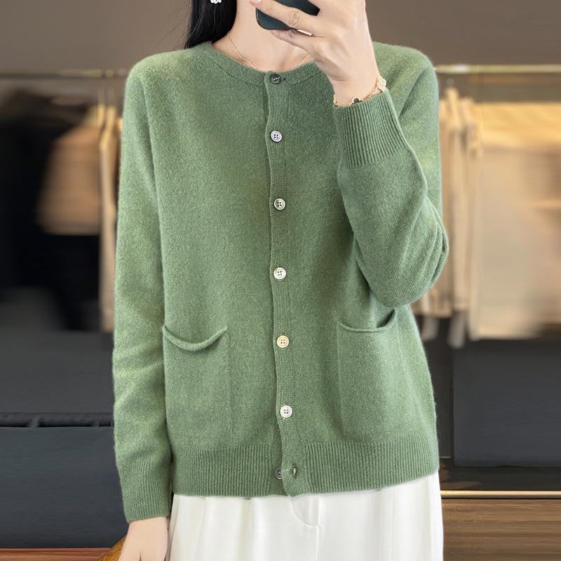 Women's Cashmere Crew Neck Cardigan Qinghe Winter Knitted Pullover Autumn Sweater Cashmere Sweater