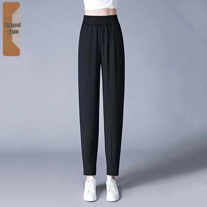 Women's High-Waisted Elastic Ice Silk Summer Trousers - Slimming, Loose Fit for Middle-Aged & Elderly