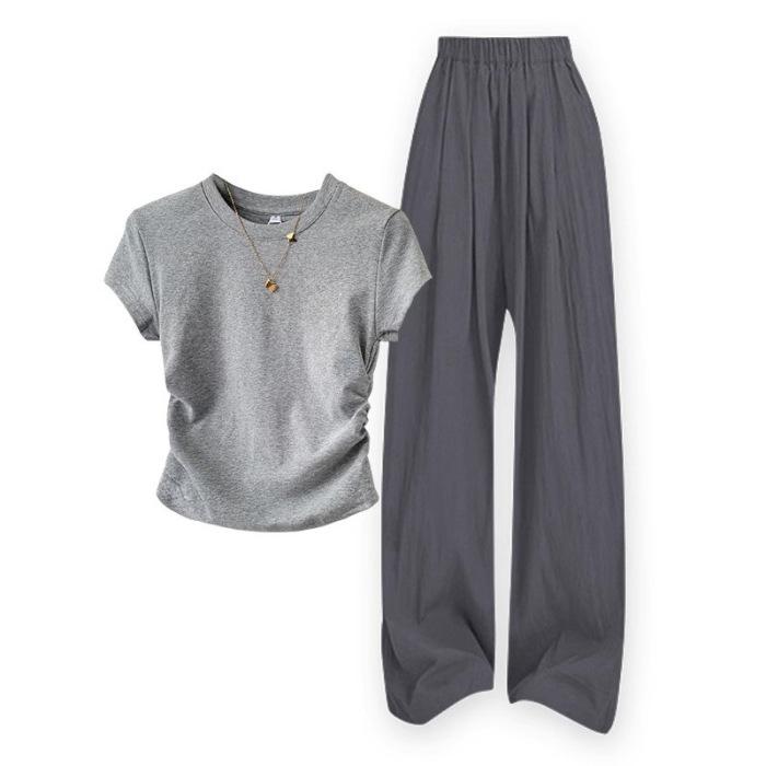 

Royal sister light and familiar style wear suit women s summer new front shoulder short-sleeved T-shirt + loose wide-leg pants lazy two-piece set XXL