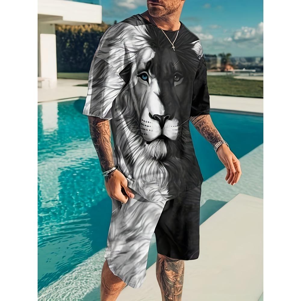Fashionable and Comfortable Lion Print Short Sleeve T-Shirt and Shorts Set, Loose Summer Men's Two-Piece Outfit