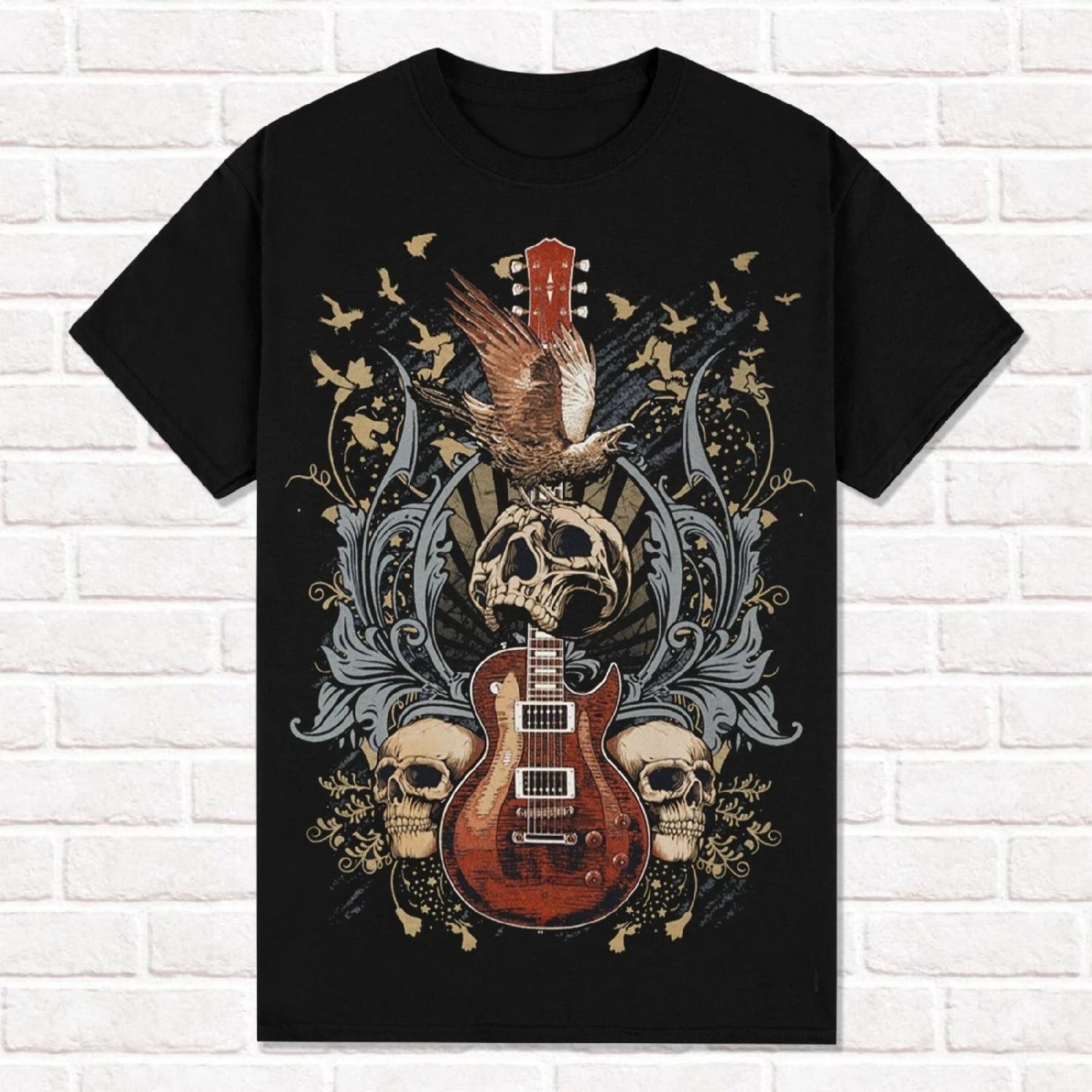 

Black T-Shirt Guitar with Skulls and Ravens Metalheads Style Rock Fashion Tees Tops Unisex Cotton Short Sleeve High Street XXXXXL різнокольоровий