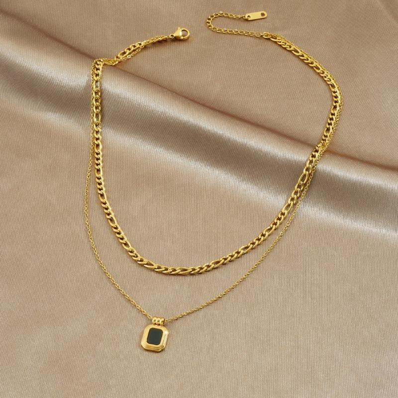 Gold Double Layer Chain Necklace with Black Square Enamel Pendant for Women