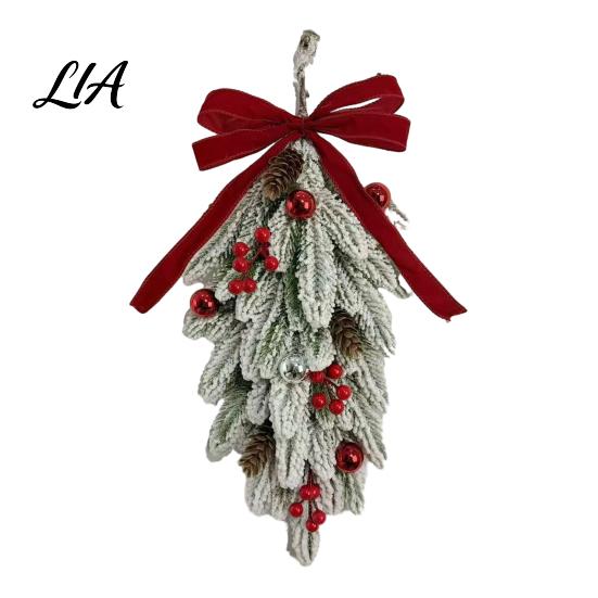 Flocked Snow Christmas Wreath Teardrop Swag for Front Door, Artificial Pine with Red Door Berries Velvet Bow, Snowy Winter Hanging Decor Doorway
