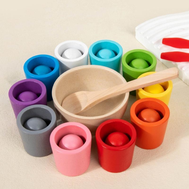 Fun Wood Color Sorting Cups and Balls Toy to Develop Children Hand Eye Coordination and Logical Thinking Ability