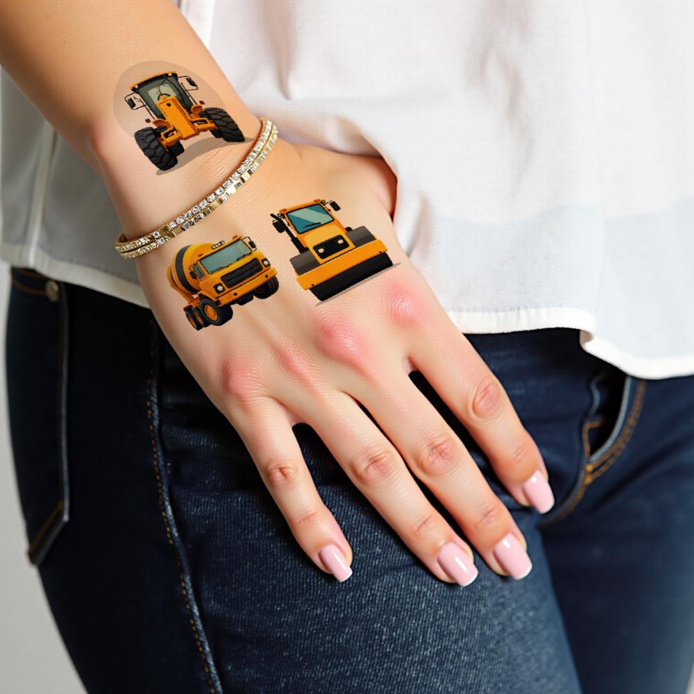 63pcs Temporary Tattoo Construction Vehicles Temporary Tattoo Stickers Warning Signs Cartoon For Cheeks Women Shoulders