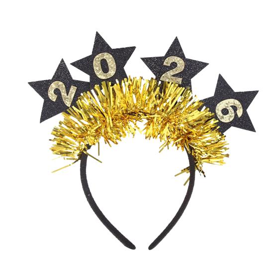 2026 New Year Headband with Number Logo Black Golden Sequin Design Streamer Decorated Hair Hoop Team Unity Prop