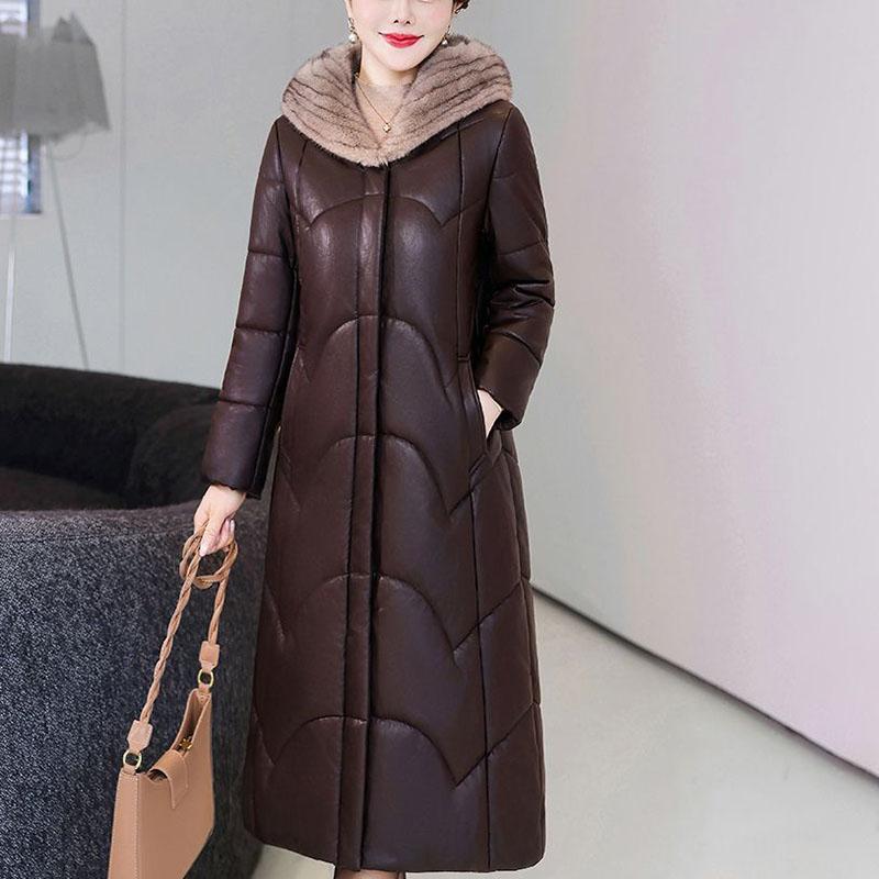 Winter Genuine Leather Jacket  Windproof Long Sheepskin Coat Slim Hooded Alpaca Overcoat