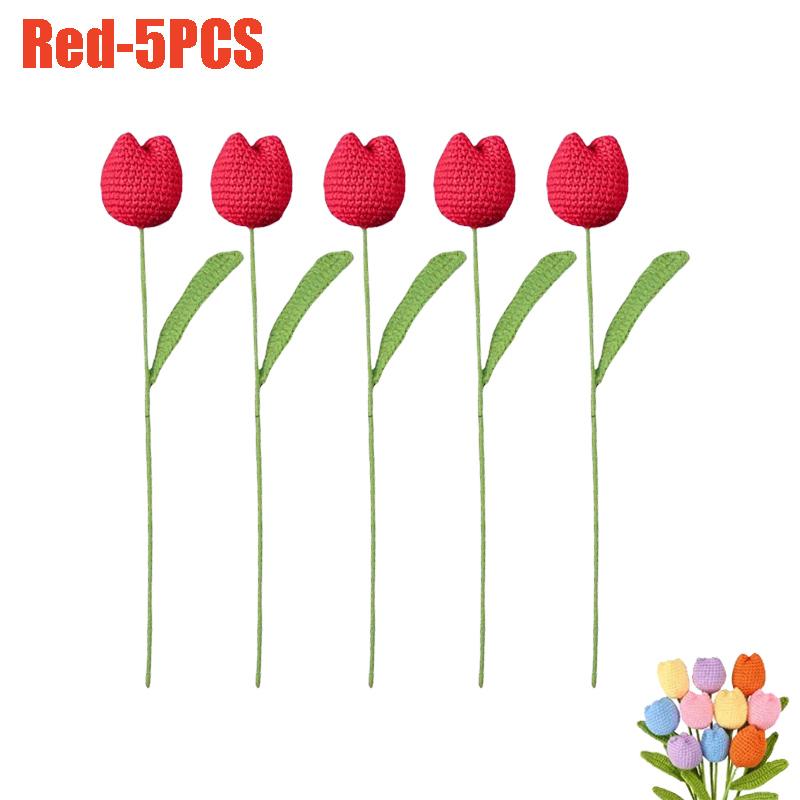 Handmade Crochet Tulip Flowers Bouquet Artificial Knit Simulation Craft Gift for Mom Women Bride Wedding Home Decor Party Supply