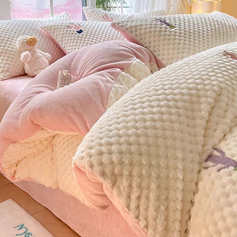 Bean Fleece Bed Four-Piece Set Thickened Milk Coral Fleece Bedding Children'S Flannel Quilt Cover Sheets