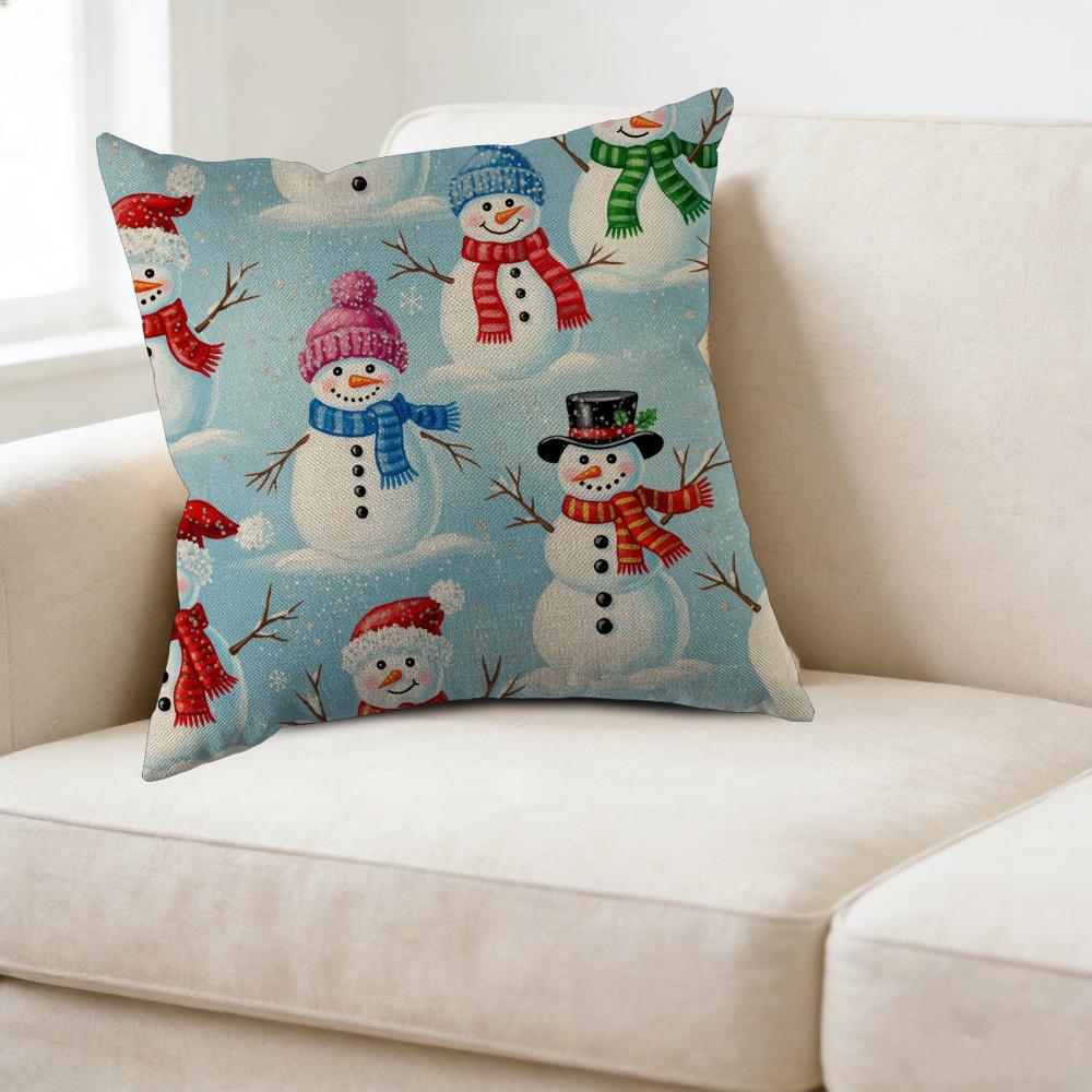1pc Christmas Style Cushion Cover Blue Snowman Print Pillowcase For Sofa Bed Decorative Throw Case 45x45cm