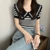 Design Sense Niche T-shirt Short Sleeved Women's Summer Sweet and Spicy Doll Collar American Retro Striped Knitted Top Trendy