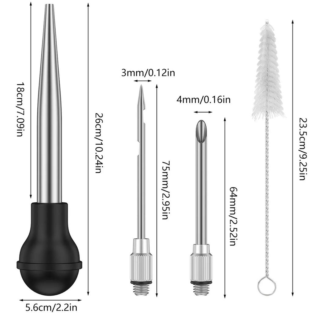 Turkey Baster Set of 4 Stainless Steel Turkey Baster Syringe Meat Marinade Injector Needle with 2 Needles Silicone Bulb and