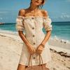 Damen schulterfrei kurzärmlig farbig casual Kleid mit Taschen für den Urlaub