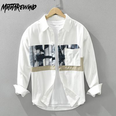 Korean Fashion Long Sleeve White Shirt Men Spring and Summer Pure Cotton Men Clothing Street Style Loose Top Patchwork Printed Shirt with Pocket