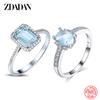 Authentische 925 Sterling Silber Quadratische Blaue Klare Zirkonia Fingerringe für Damen Hochzeits-Verlobungs-Schmuck Geschenk