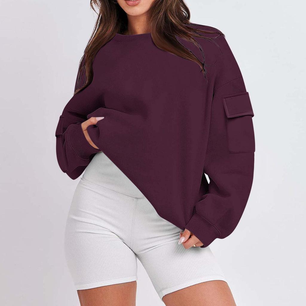 Women's Fashion Casual Solid Color Autumn And Winter Loose Round Neck With Pocket Pullover Sweatshirt Top