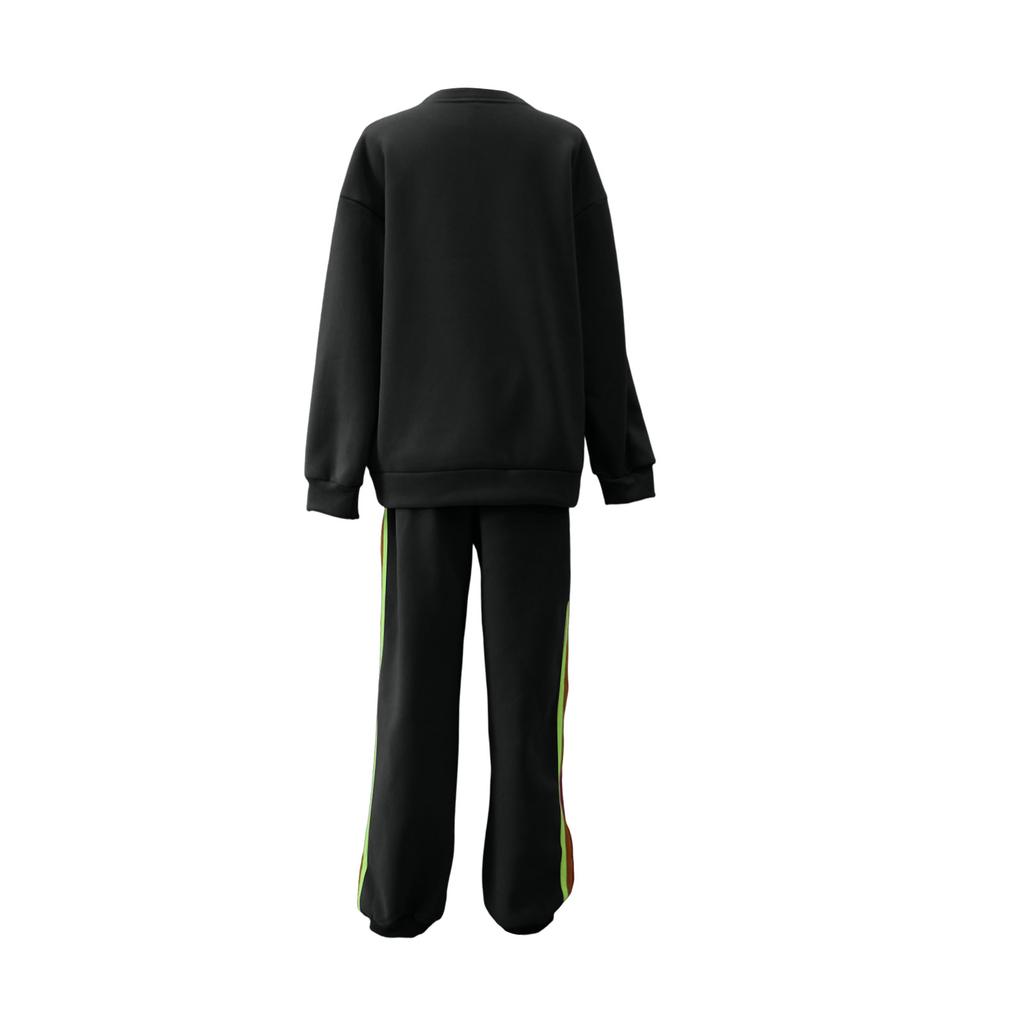 Fashionable Women's Round-Neck Loose Color-Striped Elastic Waist Sweatpants Set