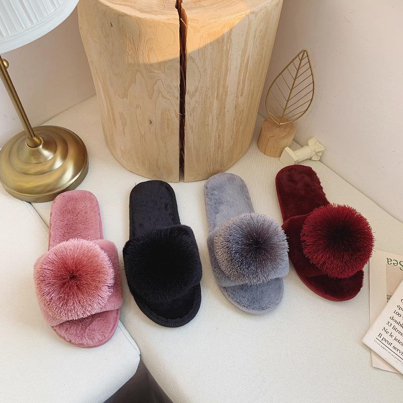 Fluffy slippers fluffy ball one-word mop large size indoor plush flat floor mop open-toed cotton mop