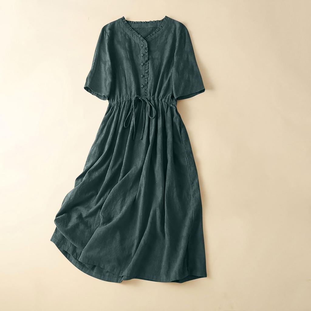 Women's Summer Forest Retro Literary Cotton And Linen Solid Color Dress