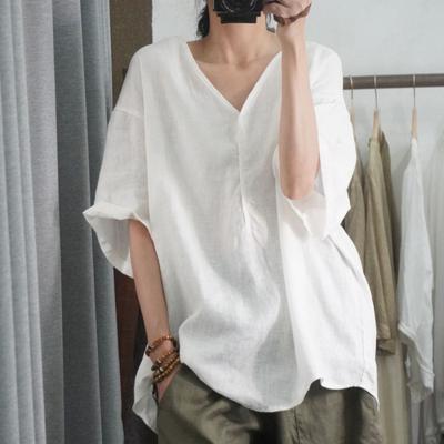 Letní tričko Retro s výstřihem do V s polovičním rukávem Dámská velká velikost Volná bavlněná plátěná halenka Top