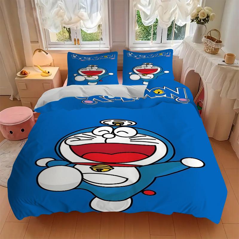 Set Lenzuola 3 Pezzi Stampa Doraemon Adventure Copripiumino con 2 Federe Cuscino Regalo di Compleanno per la Casa