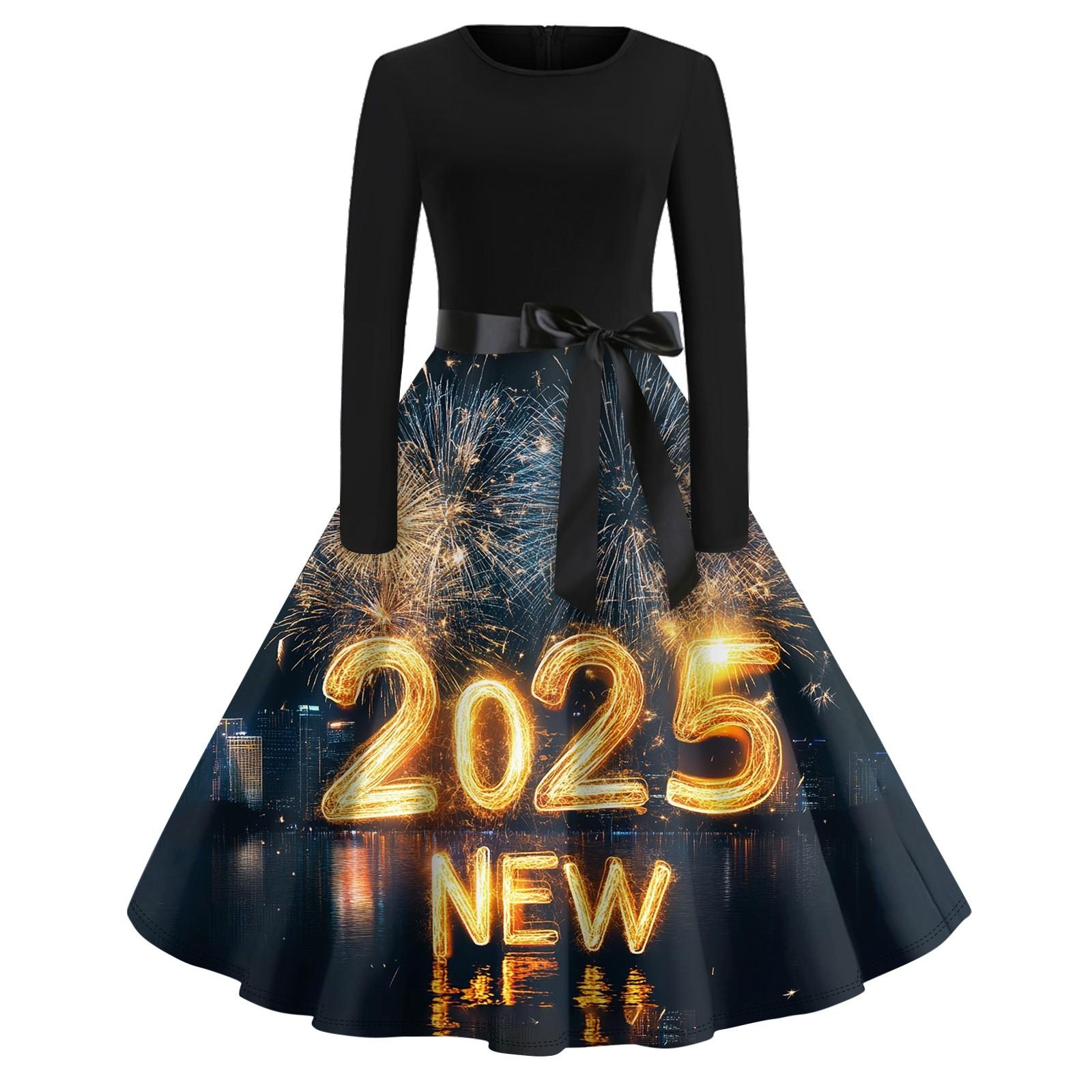 

Women s Vintage Classic Dress Long Sleeve Print Round Neck Swing Dress XL жовтий