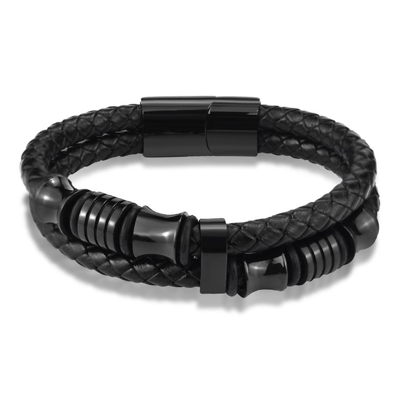 

Luxury Genuine Black Leather Beads Bracelet For Men Stainless Steel Magnetic Clasp Fashion Punk Multi-Layer Bangles Male Jewelry 22cm