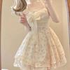 French sweet wind small flying sleeves floral dress women's summer small bow waist on the run princess short skirt