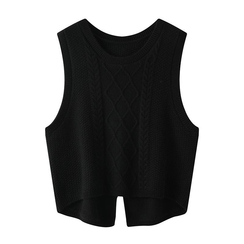 2023 Round Neck Wool Chunky Knit Sleeveless Cropped Cardigan Vest