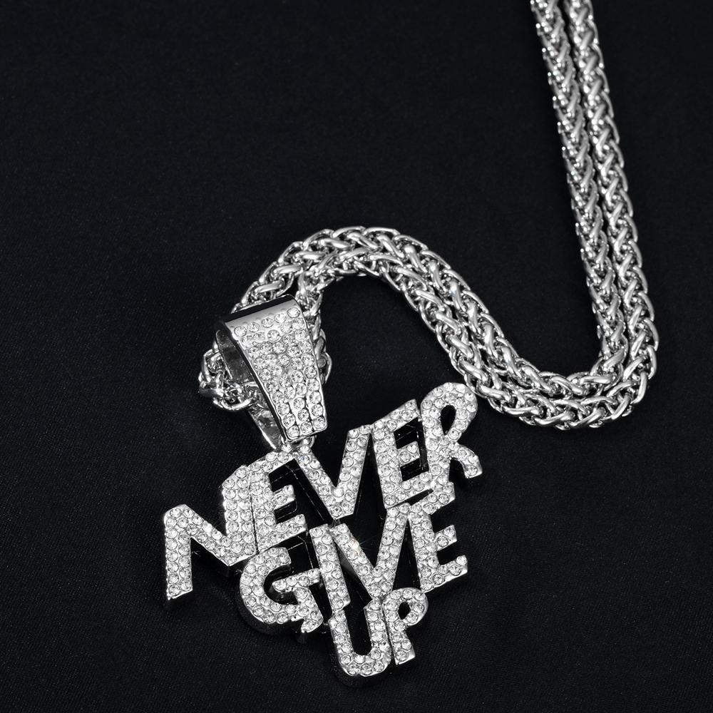 New Men Hip Hop NEVER GIVE UP Pendant Necklace Crystal Cuban Chain HipHop Iced Out Bling Necklaces Fashion Charm Women Jewelry