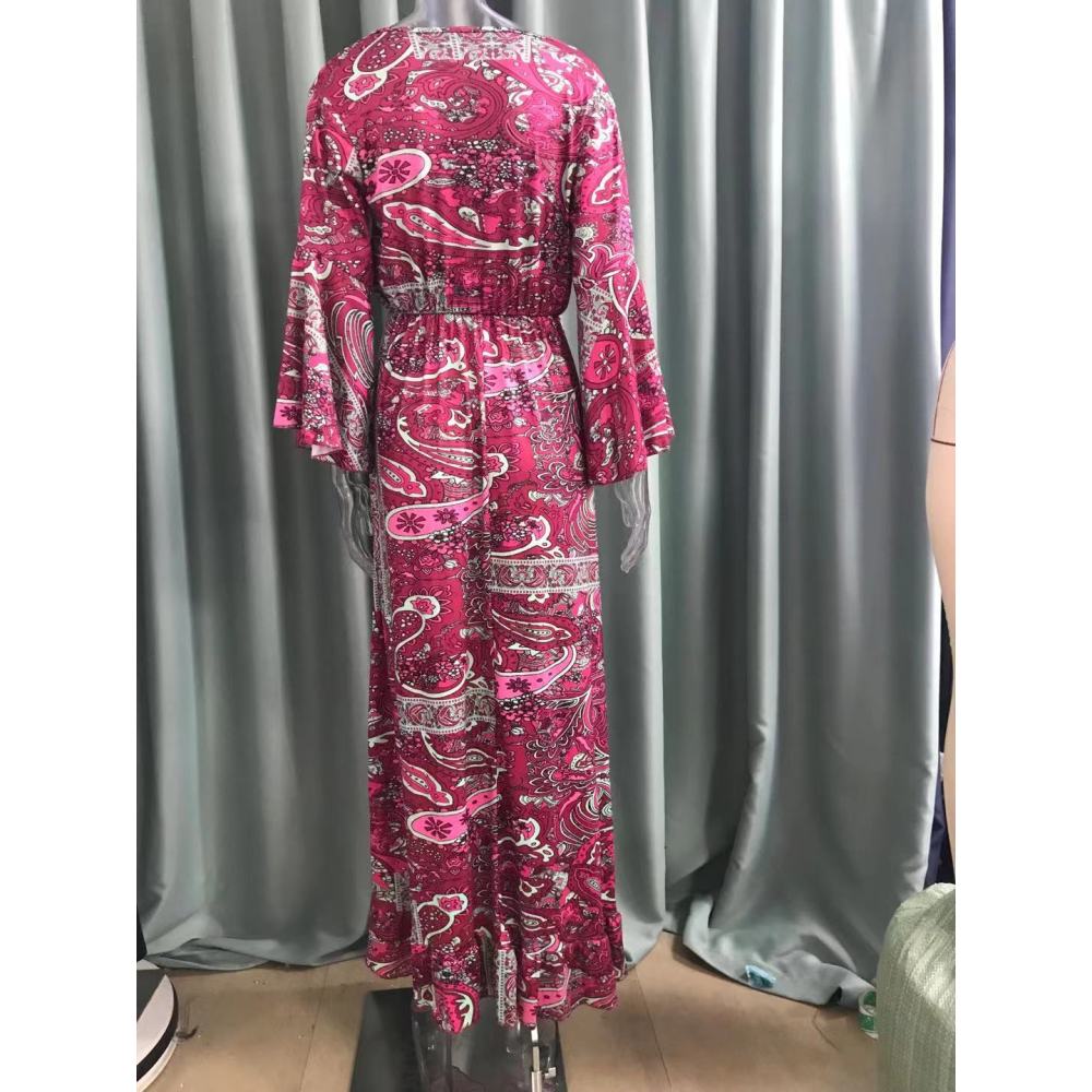 Langes Urlaubskleid im Bohemian-Stil mit Glockenärmeln, V-Ausschnitt und hoher Taille für Damen