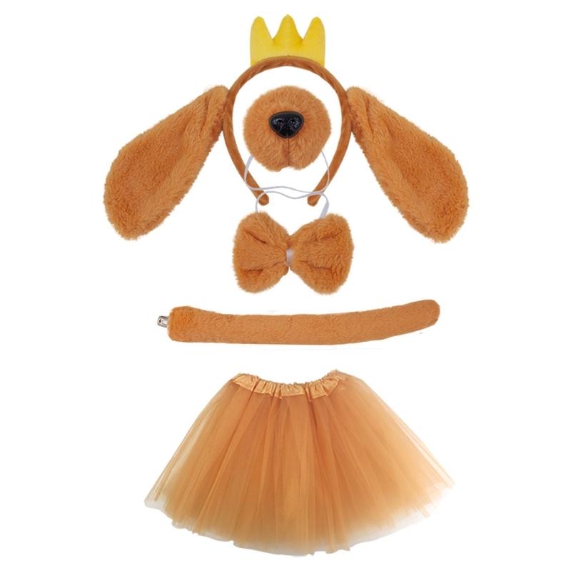 Dogs Ears Headband Dog Hair Hoop Set Plush Tail Bowtie Dog False Nose Brown Mesh Skirt Animal Dress Up Set