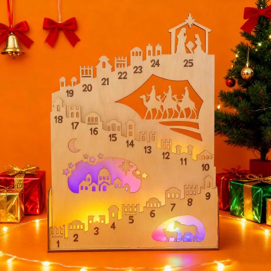 Nativity Advent Calendar Rustic Wooden Christmas Countdown Calendar Light-Up Tabletop Xmas Centerpiece for Cabinet Desk Shelf Mantel Decoration
