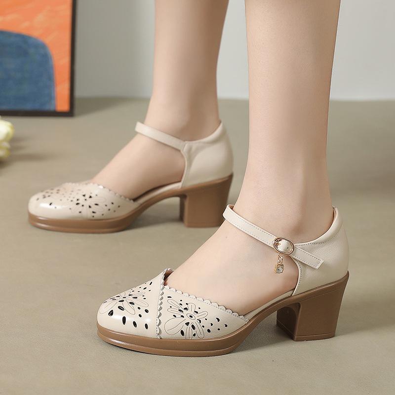 Fashion GKTINOO Genuine Leather Women Sandals Soft Comfort Summer Shoes Thick Heels Non-slip Women Shoes 2025 Hollow Sandals Large Size