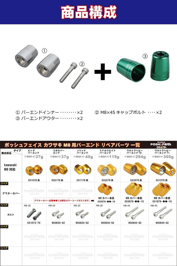 POSH FAITH Motorcycle Accessories Handlebar Ends Ultra Heavy Bar Ends for Kawasaki Genuine Handlebars M8 Type NINJA250 Z900RS ZRX1200DAEG Dark Green