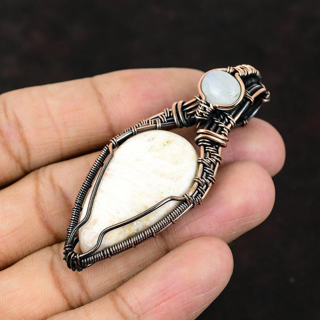 Scolecite Copper Pendant Copper Wire Wrapped Jewelry Scolecite Jewelry Rainbow Moonstone Gemstone Pendant Handmade Pendant Gift For Mother