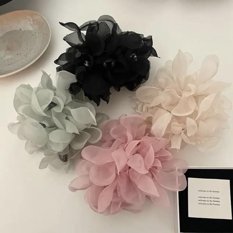 Large Tulle Bow With Pearls Clip Buckle Hair Ornament Black
