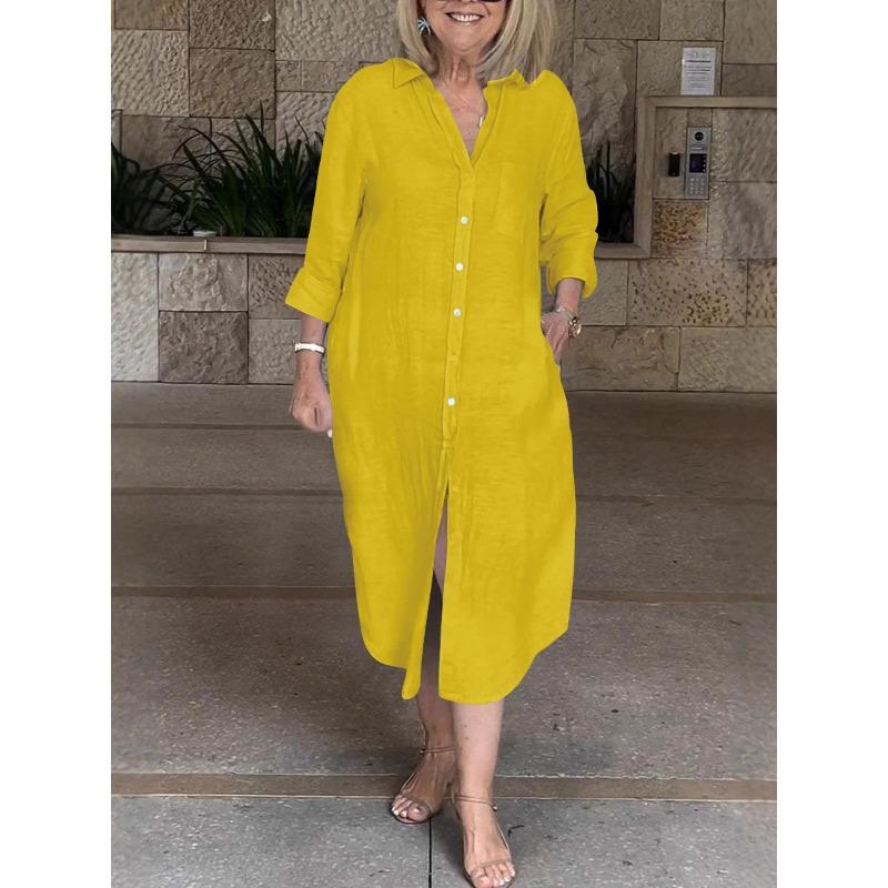 

Женское весенне-осеннее повседневное однобортное платье со свободными карманами и лацканами S жёлтый
