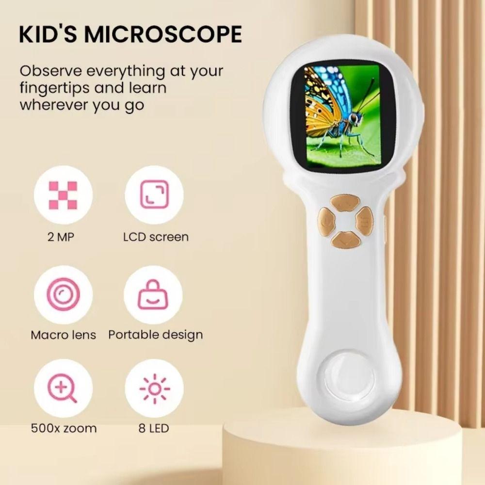 2 Inch IPS Screen Children's Digital Microscope HD Portable Kids Microscope Handheld 500x Zoom Pocket Microscope Coin Magnifier