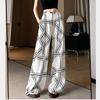 Summer Women Print Chain Cotton And Linen Thin High Waist Wide Leg Pant Trouser With Pocket For Girl