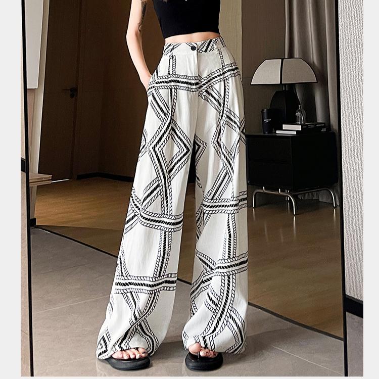 Summer Women Print Chain Cotton And Linen Thin High Waist Wide Leg Pant Trouser With Pocket For Girl