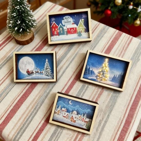 Mini Framed Christmas Pictures Wooden Xmas Scenes Decorations Miniature Framed Christmas Ornaments for Festive Decor DIY Craft