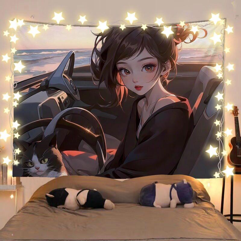 Anime Girl And Cat Healing Scenery Tapestry Wall Hanging Decorative Fabric for Room Headboard And Background Decoration