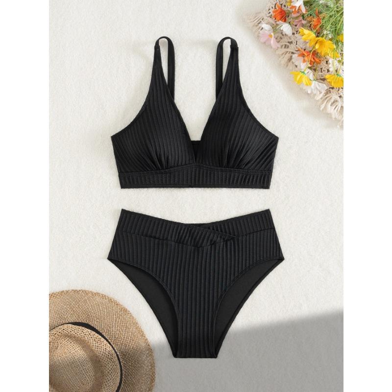 Sexy High Waist Bikini Set 2025 Women V Neck Ribbed Push Up Two Piece Swimsuit Summer Bathing Suit Holiday Swimwear Biquini