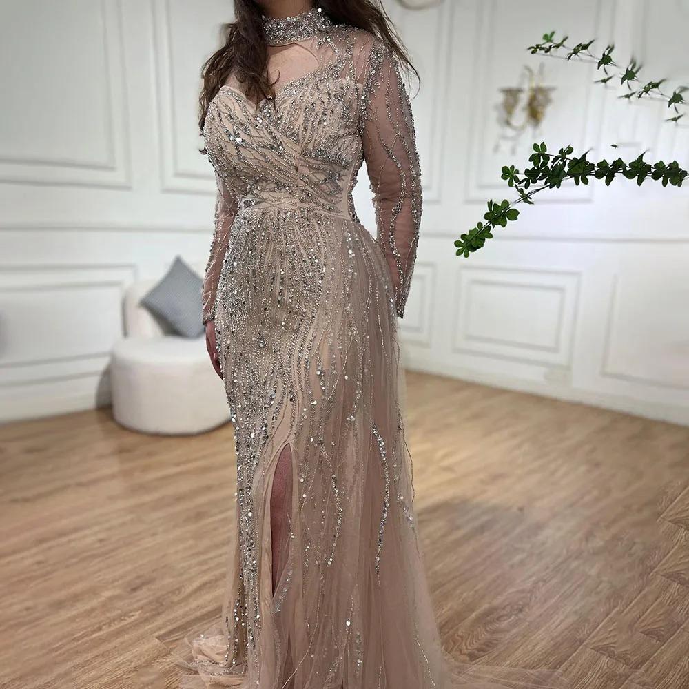 Light luxury one-shoulder long-sleeved fishtail split long dress gray heavy industry beaded banquet evening dress LA11811A