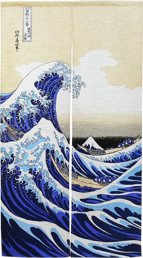 

Traditional Hokusai 85cm Wide x 150cm White Wave Mohair with Original Tissue Set Japanese-style Ukiyo-e Tapestry, Design, Half-length Curtain, Long,