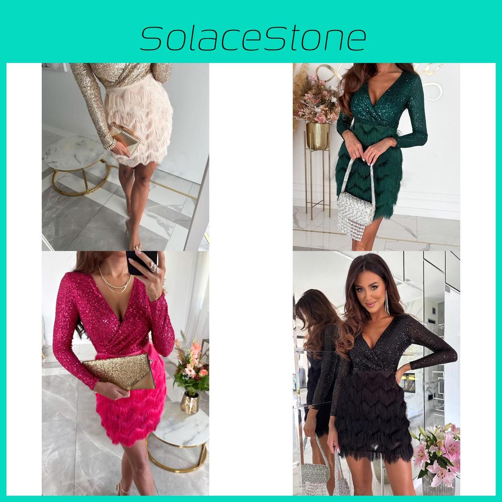 No Brand Readytowear Sparkling Sequin Dress With Long Sleeves For Casual Autumn Winter Fashion