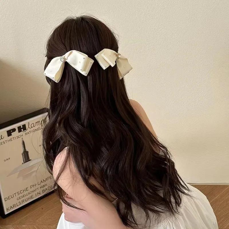 Fabric bow hair clip female love rhinestone gentle duckbill clip half tie hair hair accessories