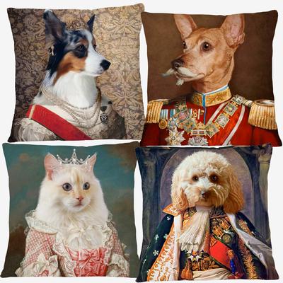 European Oil Painting Royal Court Cat Pug Dog With Costume Print Cushion Cover Pillow Case